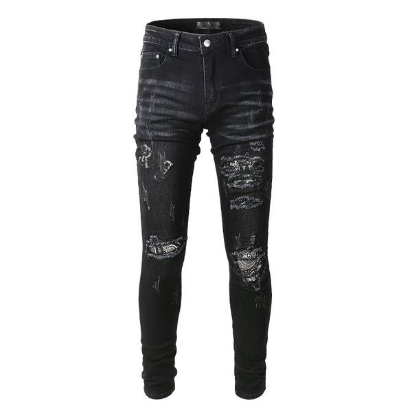 Jeans da uomo Nero High Street Fashion Skinny Distrutto Tie Dye Bandana Toppe ricamate Slim Fit Graffiato Strappato per uomo 230404