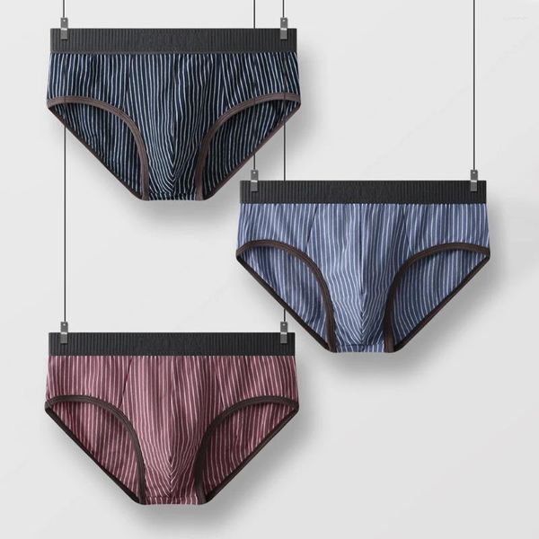 Cuecas sexy homens listrado calcinha convexa bolsa meninos roupa interior cintura baixa briefs masculino lingerie macia troncos de natação masculino