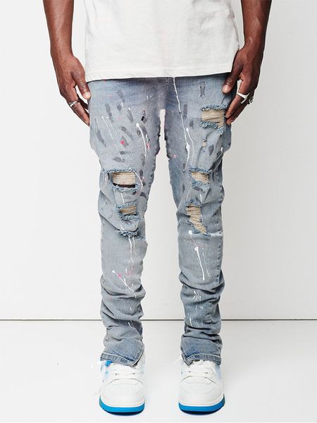 Herrenhose Design Jeans Mann Farbe Slim Fit Baumwolle Zerrissene Jeanshose Knie Aushöhlen Hellblau für Streetwear 230403