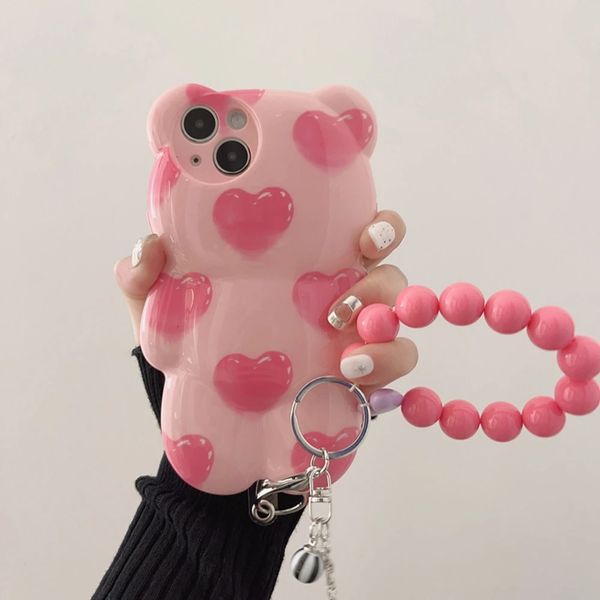 Caso de telefone coreano bonito 3d rosa amor urso boneca brinquedo silicone iphone 15pro max 11 12 14 xs xr pulseira dos desenhos animados capa 231104