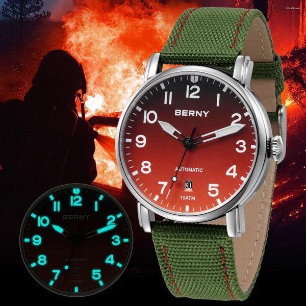 Relógios de pulso BERNY Homens Mecânicos Assista Bombeiro Salute Calendário Canvas Relógio de Pulso Miyota 8215 Super Luminoso 10ATM Fire Gradien Watchest