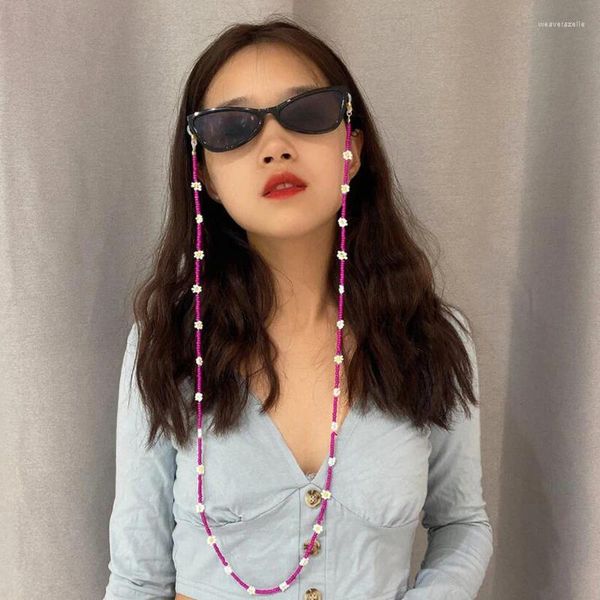 Sonnenbrillenrahmen 2023 Koreanische süße bunte kleine Gänseblümchen Kunststoffblumen Boho Perlen Schlüsselbein Halsketten für Frauen Mädchen Schmuck Lanyard