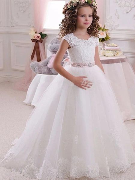 Mädchenkleider, weißes, flauschiges Tüll-Blumenkleid, Spitze, rosa Schleife, Gürtel, Perlen, für Hochzeit, Kindergeburtstag, Party, Feier, individuell