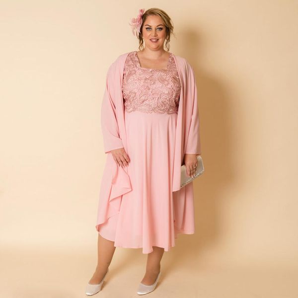 Anmutige Spitzenkleider für die Brautmutter mit langer Jacke, Hochzeitsgastkleid, quadratischer Ausschnitt, Teelänge, Chiffon-Abendkleider