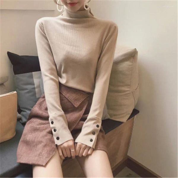 Frauenpullover Mode 2023 Frühling Herbst Frauen Rollkragenpullover Gestrickte Lange Hülse Dünne Büro Dame Taste Casual Tops PZ2684