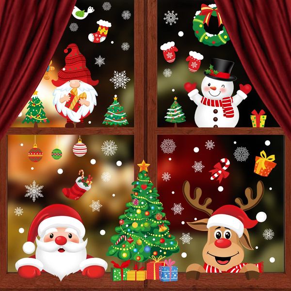 Weihnachtsdekorationen, Fensteraufkleber, wiederverwendbar, doppelseitig bedruckt, selbstklebend, Weihnachtsmann, Elch, Schneemann, Socken, Zwerge, Weihnachtsbaum