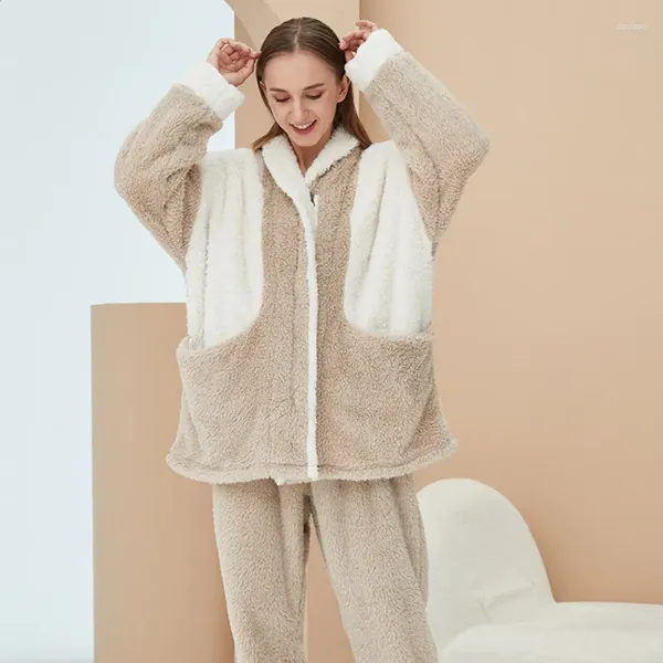 Indumenti da notte da donna Pigiama caldo Set Autunno Inverno Flanella Addensare Peluche Homewear Coppia Tinta unita Tasca grande con cerniera Cuciture allentate