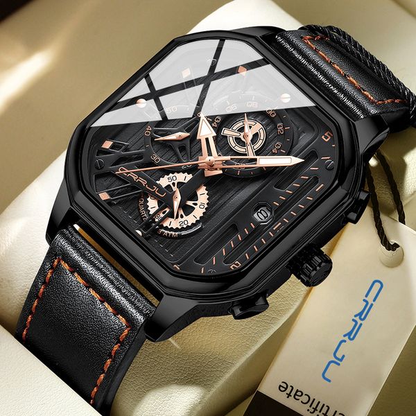 Orologi da polso CRRJU moda quadrante quadrato orologi da uomo in pelle orologio sportivo di lusso impermeabile uomo cronografo orologi da polso al quarzo HommeBox 230403