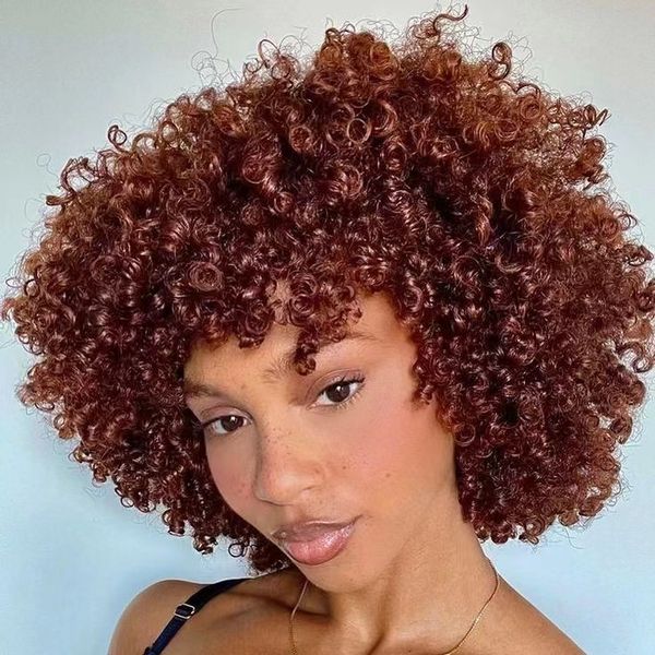 Afro de cor marrom avermelhada Afro perupendas curtas curtas de glugas de cabelo humano curto Bob Virgin Wigs com Bang Full Natural Auburn Color Pré Plucked Hairla Natural