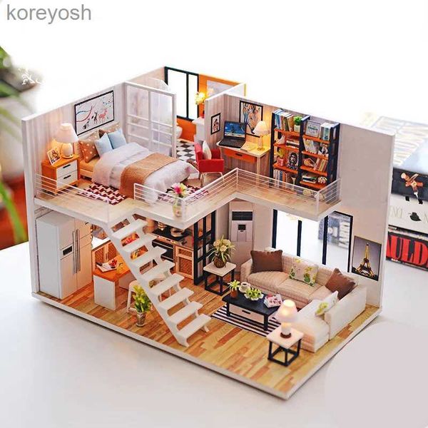 Mutfaklar Yemek Oyun Montajı Diy Ahşap Ev Dollhouse Kiti Ahşap Minyatür Bebek Evleri Minyatür Dollhouse Oyuncakları Mobilya Led Işıkları Hediye231104