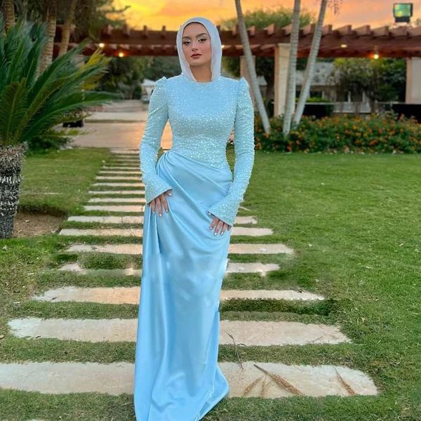 Impressionantes vestidos de noite muçulmanos com Hijab Jewel Neck manga flare lantejoulas vestido de festa formal plissado saia de cetim vestido de baile para mulheres árabes de Dubai