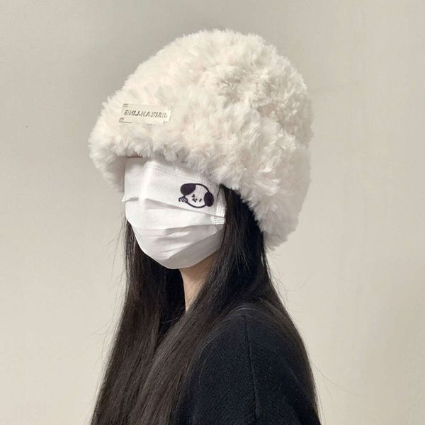 Wollmütze für Damen im Herbst und Winter, vielseitiges Strickstirnband für ein kleines und warmes Gesicht, weißer Plüsch, kalte Mütze, großer Kopf