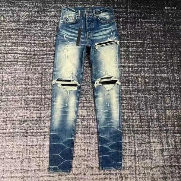 Jeans da uomo in pelle strappata con patch effetto invecchiato Mx1 Indaco