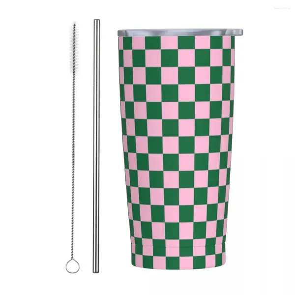 Tumblers doces rosa e verde checkerboard tumbler vácuo isolado copos de café com tampa palha escritório casa caneca 20oz