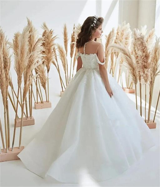 Vestidos de menina flor branca fofo tule decalque miçangas ombro de fora princesa casamento elegante festa de aniversário vestidos de primeira comunhão