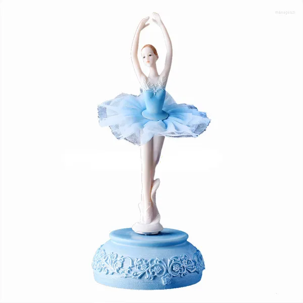 Figurine decorative carillon auto rotante ragazza gonna di piume e ballerino regalo di nozze blu