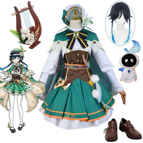 Cosplay jogo genshin impacto venti cosplay traje barbatos capa verde roupa azul gradiente peruca halloween carnaval role play adereços sapatos