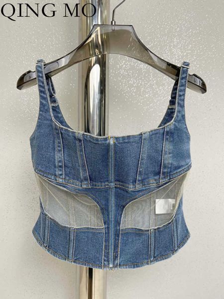 Damen Tanks Camis QING MO 2023 Sommer Neues Design Mesh Splicing Fishbone Denim BH Weste Sexy Short Cami ZXF1276 P230322