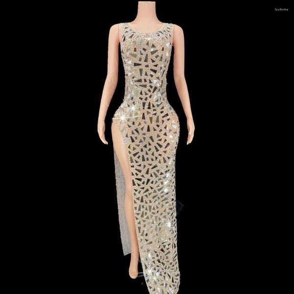 Bühnenabnutzung Sparkly Strass Spiegel Abendkleid Prom Party Geburtstagskleid für Frauen High Split Long Sexy Show Kostüm