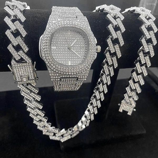 Наручительные часы 3pcs Iced Out Watches for Men Gold Cuban Link Chains Ожерелья ожерелья бриллианты хип -хоп ювелирные украшения набор мужских наручных часов роскошь