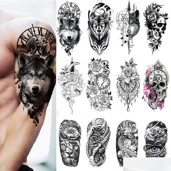 Temporäre Tattoos 100 Stück Großhandel Wasserdichte Tattoo Aufkleber Wolf Tiger Skl Schlange Blume Körper Arm Henna Fake Sleeves Mann Frauen D Dhqsf