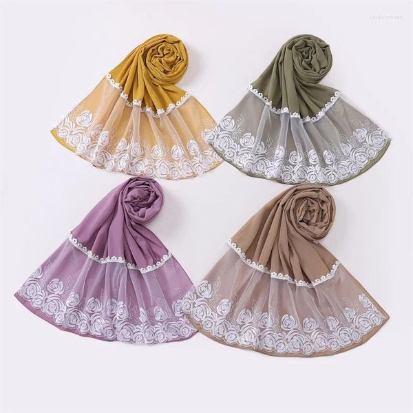 Schals Muslim Bubble Chiffon Hijab Schals Spitzenstich Blumen Patchwork und Wraps Strand Sommer Islamischer Ramadan Snood 175 70 cm