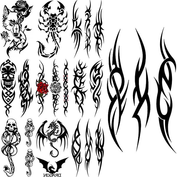 5 PC Tattoos temporários Black Thorns Totem Tattoos temporários para adultos Mulheres Scorpion Wolf Snake Dragon Flow