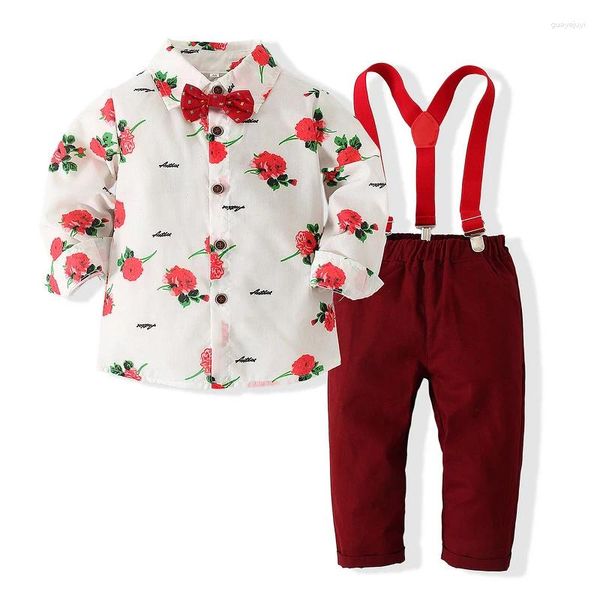 Set di abbigliamento 2023-10-10 Lioraitiin 0-5 anni Bambino Bambini Ragazzi San Valentino Set di vestiti Manica lunga Camicia con bottoni floreali Pantaloni con bretelle