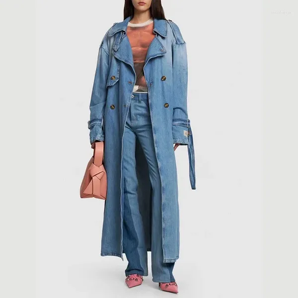 Trench da donna Cintura giacca lunga doppiopetto di alta qualità 2023 Autunno e inverno Giacca a vento allentata in denim retrò Y2k