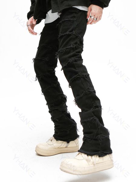 Мужские джинсы Черная тощая джинсовая джинсовая джинсовая ткань разорванные байкеры европейская американская уличная одежда Хип -хоп мешковатые брюки для мужчин 230404