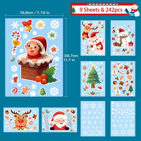 Decorações de Natal Adesivos de Janela 9 Folhas Merry Xmas Cling Film Dupla Face Papai Noel Boneco de Neve Decalques Decorativos para Vento de Vidro Ammqg