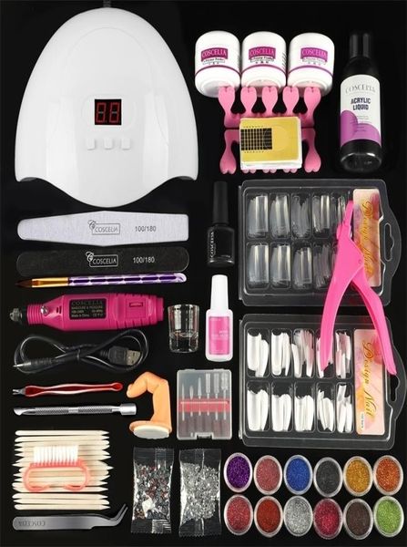 Nail Art Kits Acryl Kit Professionelles Maniküre-Set Kristallpulver-Set für Verlängerung, geschnitzte Blume, Bohrer, LED-UV-Lampe, Acryl Liqui1660673