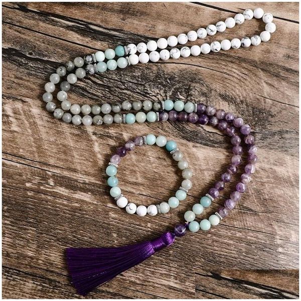 Colares Pingente Colares Pingente 8mm Ametista Howlite Pure Amazonite Labradorite Frisado Mala Colar Meditação Yoga 108 Japamala Dhbze