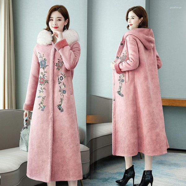 Cappotto di pelliccia da donna Donna di media lunghezza 2023 Inverno Giacca a vento coreana Calore ispessito Lungo sopra il ginocchio Giacca in lana d'agnello stampata Y463