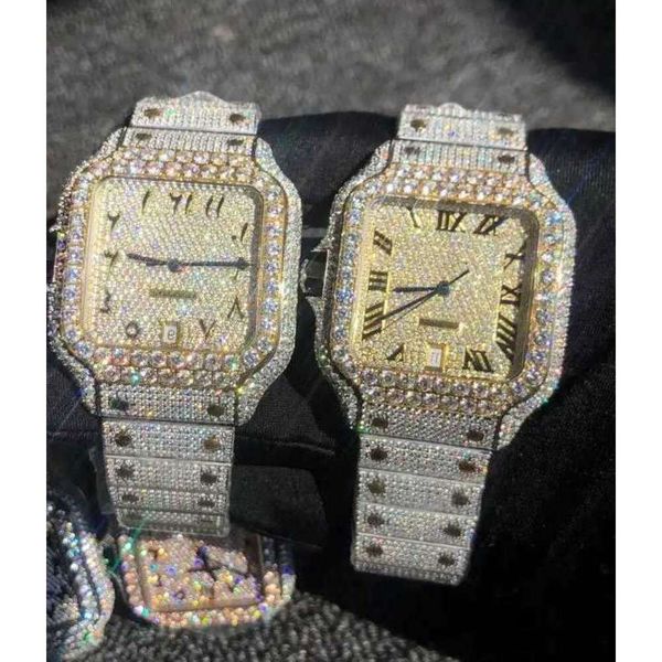 QNWI moissaniteRose Gold Mixed Sier Large Diamond Roman Numerals Luxury MISS Square Mechanical Mens Icing Watch Cubic Zirconia WatchONMT2024