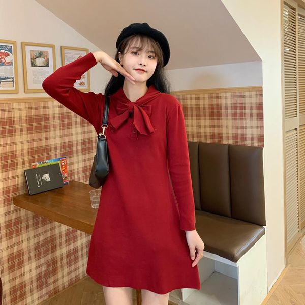 Lässige Kleider Weihnachten gestrickter Bodenrock Herbst und Winter 2023 French Red Sweater Dress WomenCasual