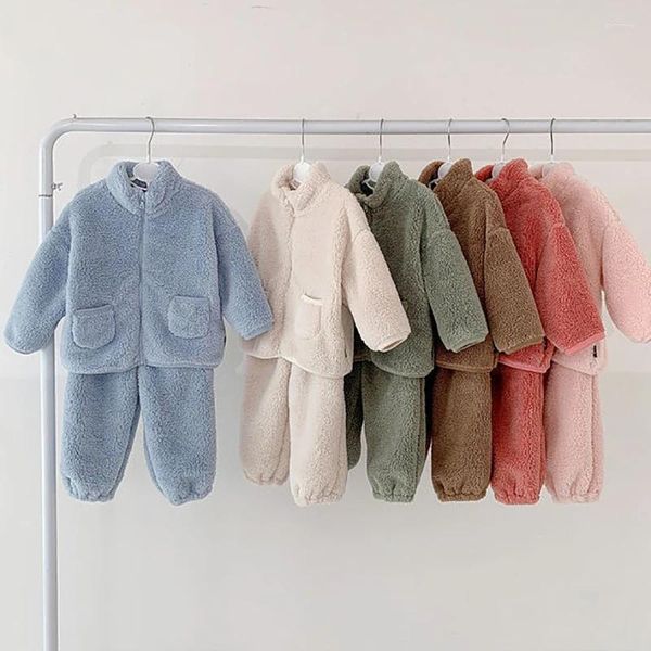 Conjuntos de roupas infantis ternos de inverno bebê meninos meninas roupas mais veludo grosso quente casa 2pcs crianças zíper top casaco calças pijamas