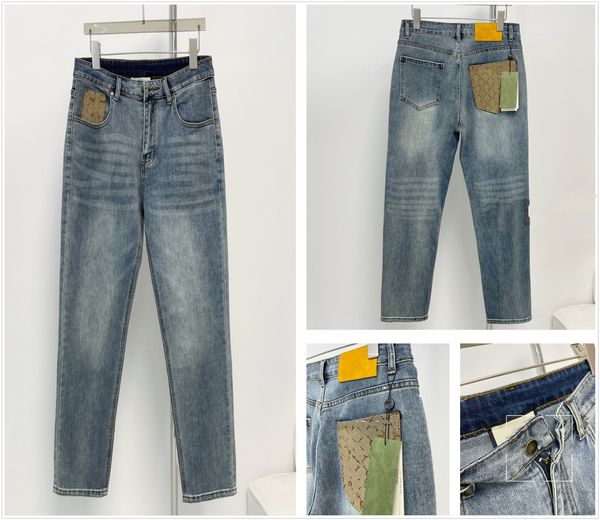 Empilhados homens designer jeans estiramento tecido fita jacquard babados personalizados lavados de couro de alta qualidade bordado reto e fino
