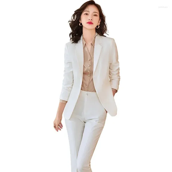 Kadınların İki Parçası Kayısı Beyaz Yeşil Ofis Bayanlar İş Pantolon Takım Kadın Kadın Tek Göğüslü Ceket Blazer ve Pantolon resmi