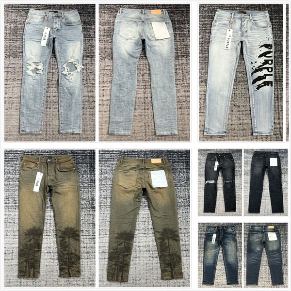 jeans masculino jeans roxo empilhados jeans de grife Tecido elástico Joelho Buraco Vintage Preto Slim Casual Quatro estações Lavado Vintage com tinta e patches de efeito sujo