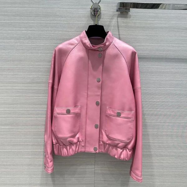 Cappotto da donna in pelle di pecora di qualità allentata streetwear Cappotto da donna Colletto alla coreana Manica lunga Cerniera monopetto Giacca davvero cool