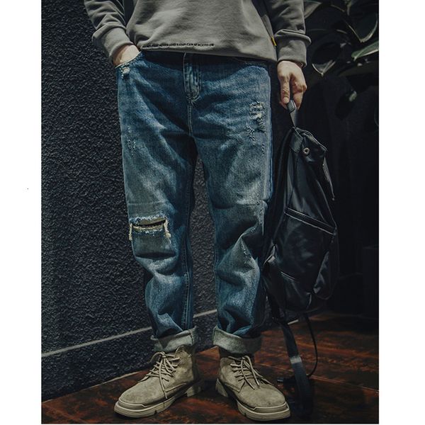 Мужские джинсы мужская одежда осень и зимняя прямая свободная цилиндра винтажный хаопай удобный синий разорванные брюки Харуна самка 230404