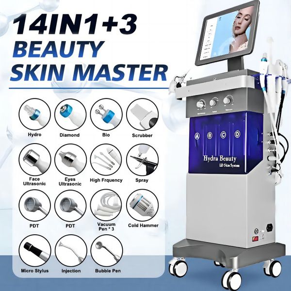 Kostenloser Versand 14 in 1 Hydrodermabrasion Sauerstoff-Hydro-Peeling-Gesichtsmaschine Mikrodermabrasion Hydra-Hautreinigungsmaschine CE-geprüft