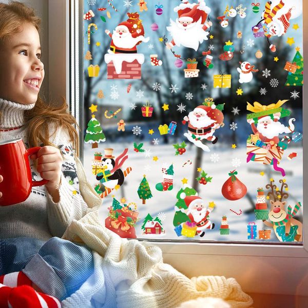 Decorazioni natalizie Fiocchi di neve Adesivi per finestre Decalcomanie con renne di Babbo Natale Adesivi per finestre in vetro Bifacciale Statico Giorno Casa Scuola Off Amzbl