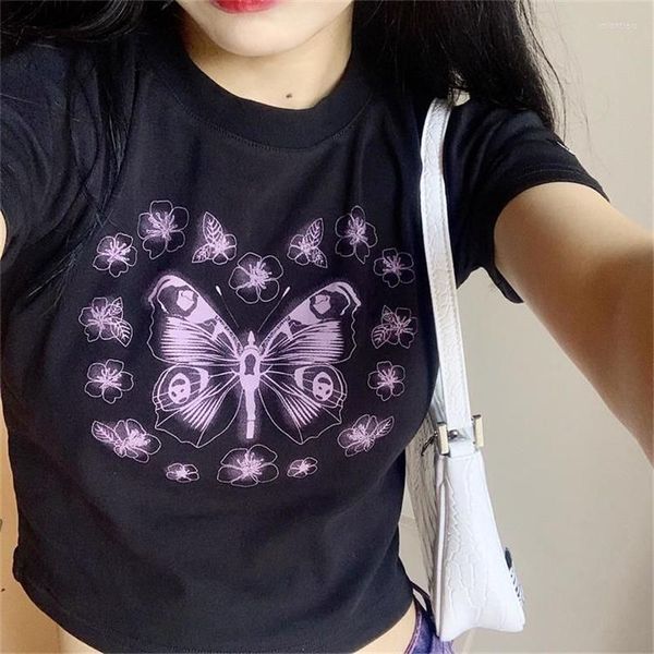 Damen T-Shirts Frauen Crop Top Kawaii Harajuku Grunge Sommer Slim Kurzarm T-Shirt Y2K Tops O-Ausschnitt Retro Schmetterling Punk Graphic Tee