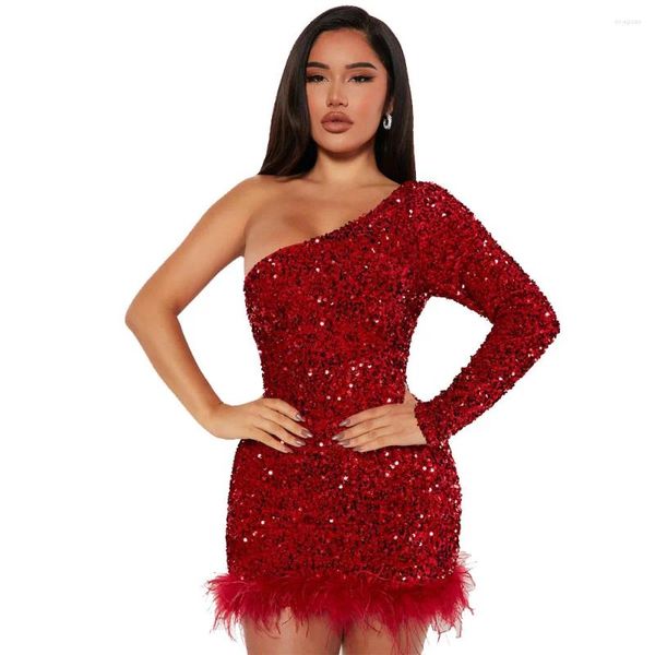 Casual Kleider Frauen Sommer Sexy Eine Schulter Mesh Pailletten Feder Rot Mini Bodycon Custume Kleid 2023 Elegante Party Abend Hochzeit