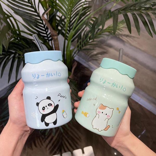 Tassen Cartoon Kawaii Wasserflasche mit Strohhalm Keramiktasse Studenten Milch Kaffeetasse Juice Bubble Tea