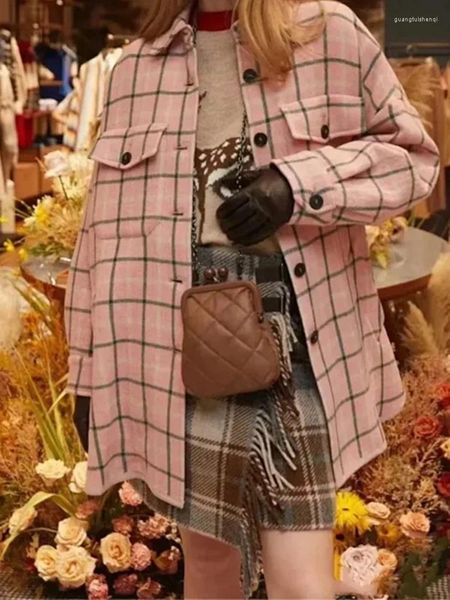 Trench da donna Donna Giacca silhouette scozzese rosa Misto lana Spacco laterale Colletto rovesciato 2023 Cappotto monopetto femminile autunnale