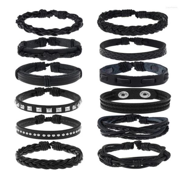 Charme pulseiras moda hippie pulseira preta conjunto vintage retro rebites coração tecer couro envoltório corda pulseiras pulseira hiphop jóias presente