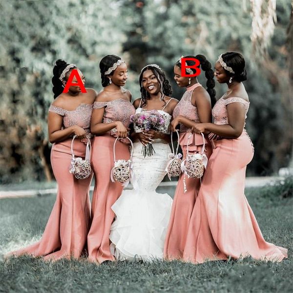 2023 Brautjungfernkleider Sexy Altrosa Spitzenapplikationen Hochzeitsgast Afrikanische Mädchen Meerjungfrau Schulterfrei Halter Elegante Trauzeugin Kleider Nach Maß Plus Größe